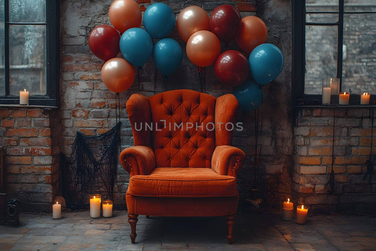 The Halloween scene with armchair, colorful balloons, decorations and old walls gives a sense of fun and mystery. The contrast between the colorful balloons and the old and charming charm of the wall.