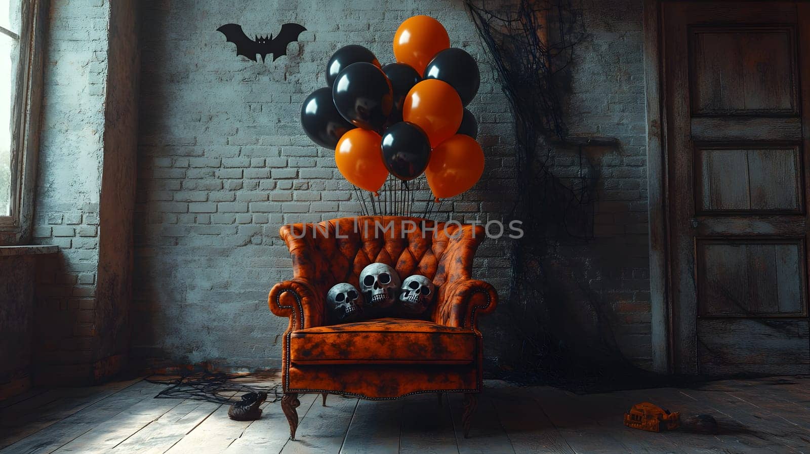 The Halloween scene with armchair, colorful balloons, decorations and old walls gives a sense of fun and mystery. The contrast between the colorful balloons and the old and charming charm of the wall.