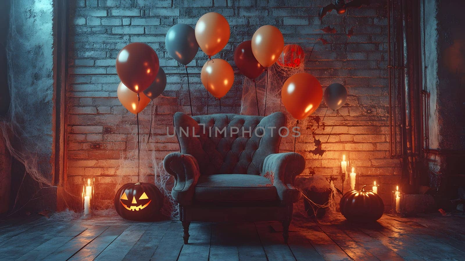 The Halloween scene with armchair, colorful balloons, decorations and old walls gives a sense of fun and mystery. The contrast between the colorful balloons and the old and charming charm of the wall.