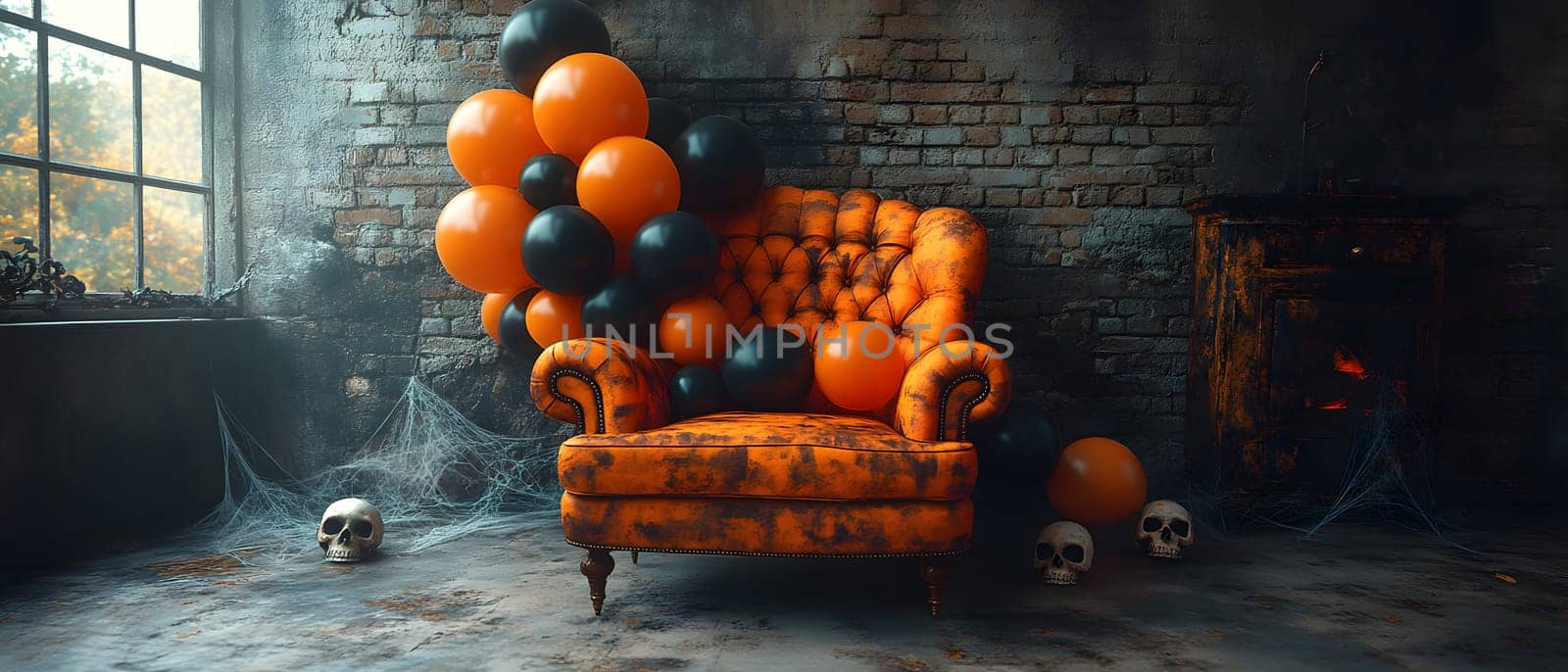 The Halloween scene with armchair, colorful balloons, decorations and old walls gives a sense of fun and mystery. The contrast between the colorful balloons and the old and charming charm of the wall.