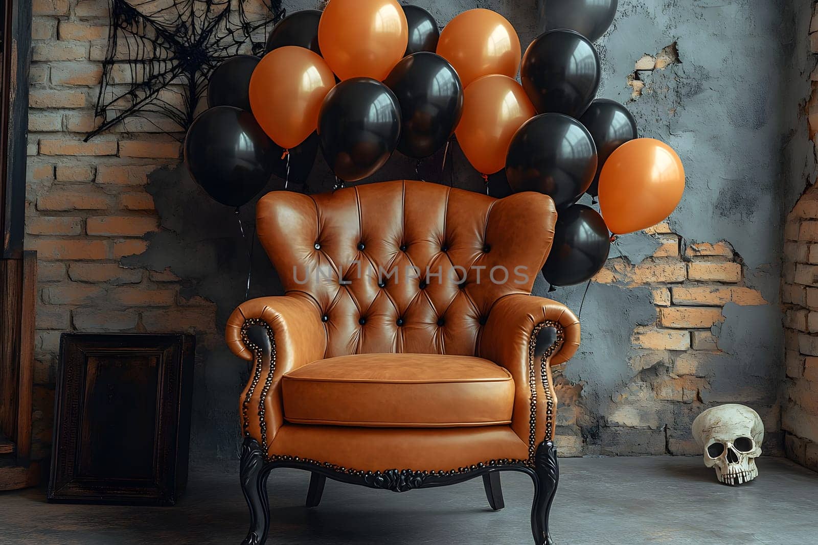 The Halloween scene with armchair, colorful balloons, decorations and old walls gives a sense of fun and mystery. The contrast between the colorful balloons and the old and charming charm of the wall.