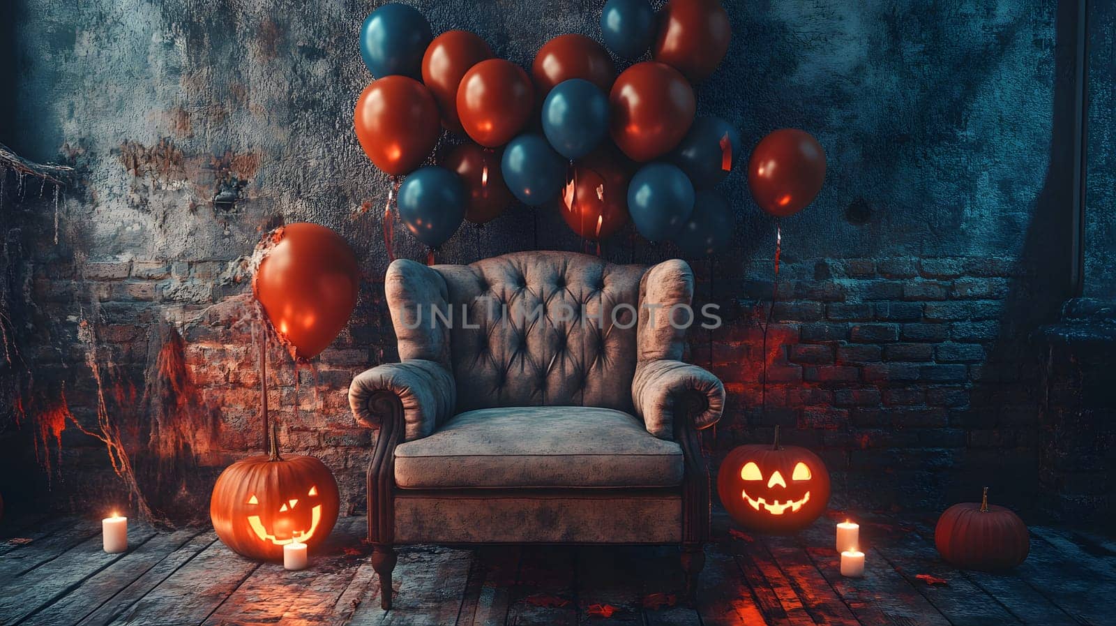 The Halloween scene with armchair, colorful balloons, decorations and old walls gives a sense of fun and mystery. The contrast between the colorful balloons and the old and charming charm of the wall.