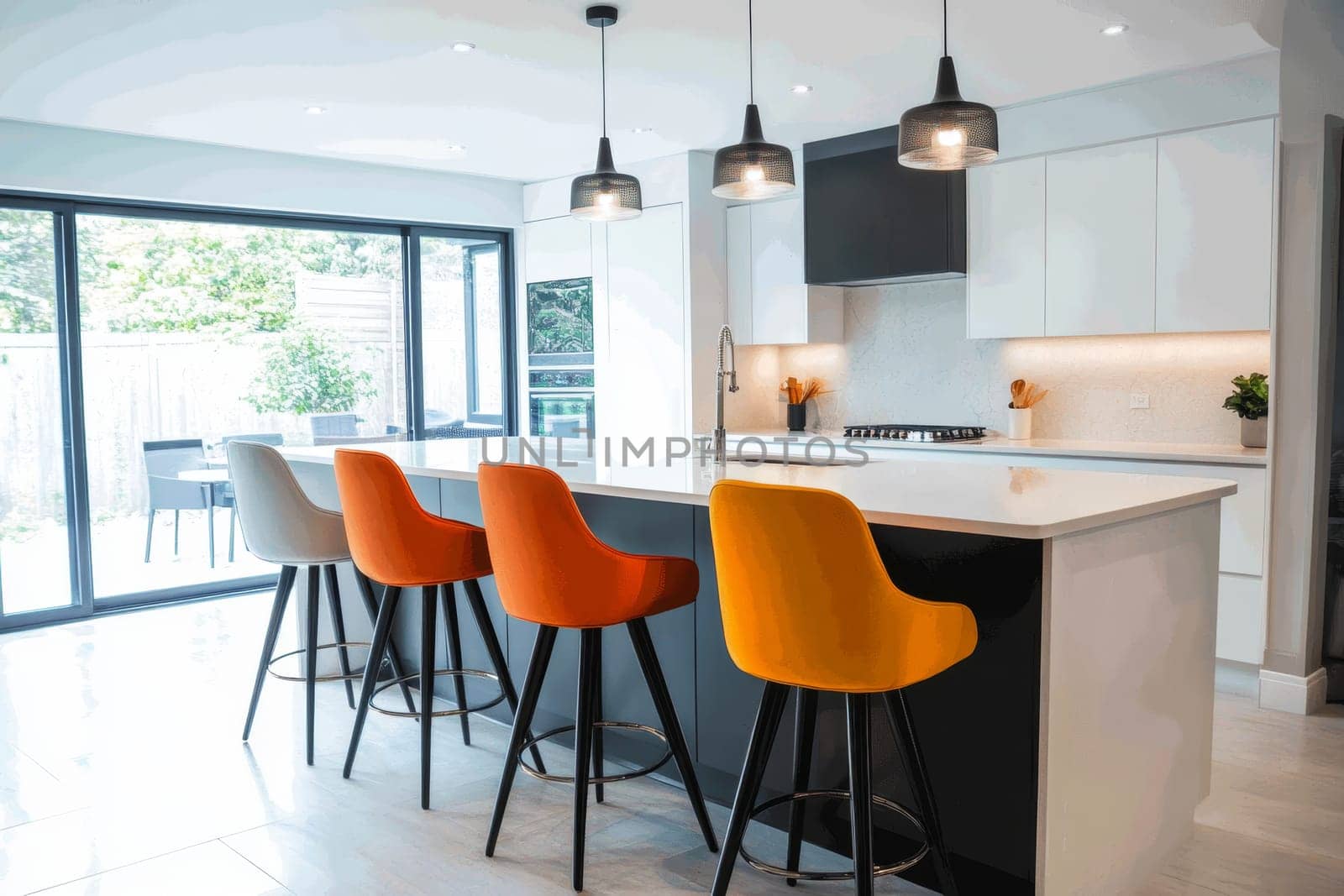 Modern white kitchen with island featuring vibrant orange and yellow bar stools.