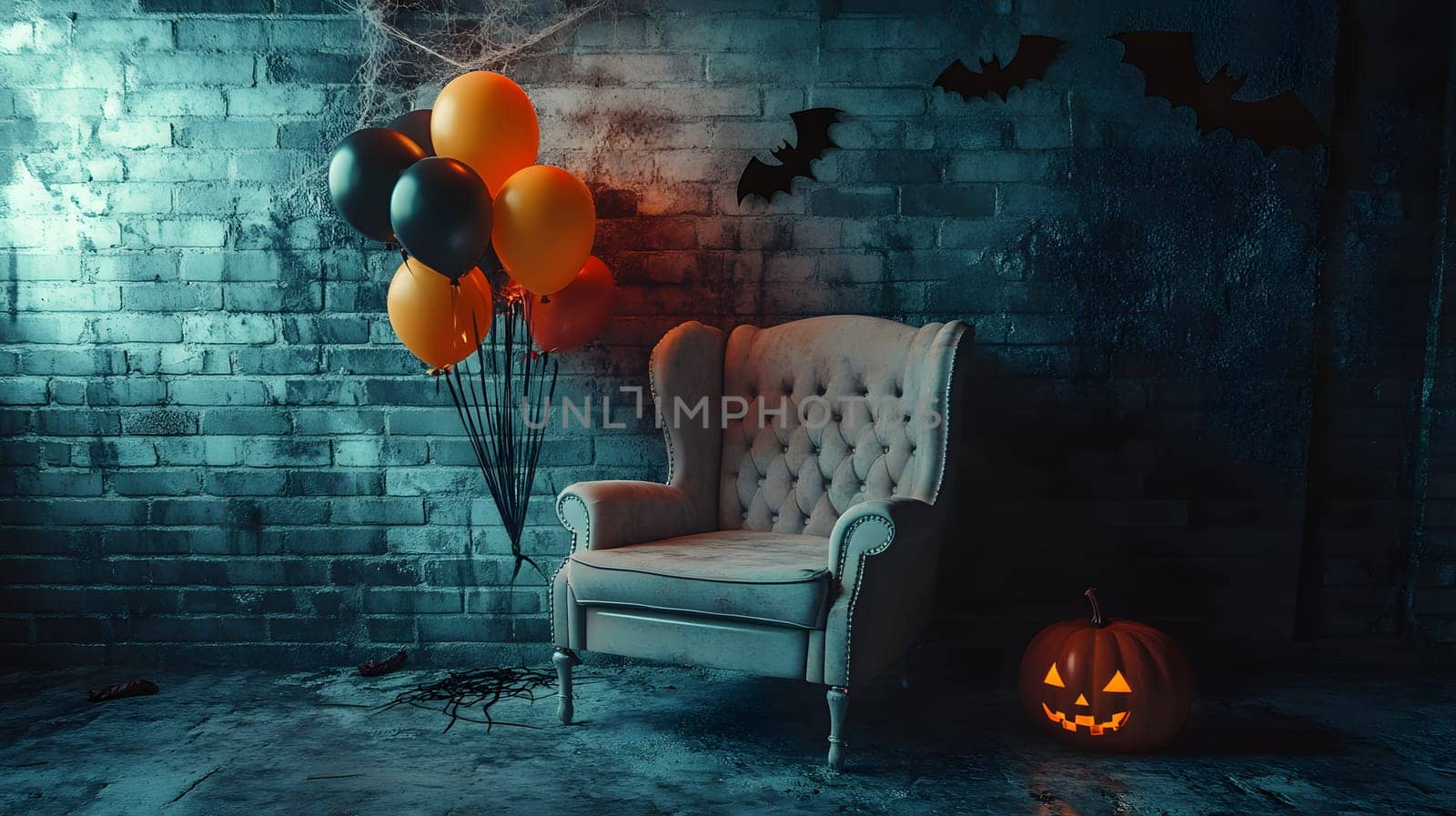 The Halloween scene with armchair, colorful balloons, decorations and old walls gives a sense of fun and mystery. The contrast between the colorful balloons and the old and charming charm of the wall.