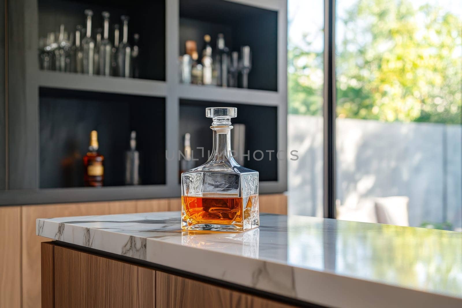 Stylish home bar featuring crystal whiskey decanter on marble countertop, wooden cabinets and shelving.