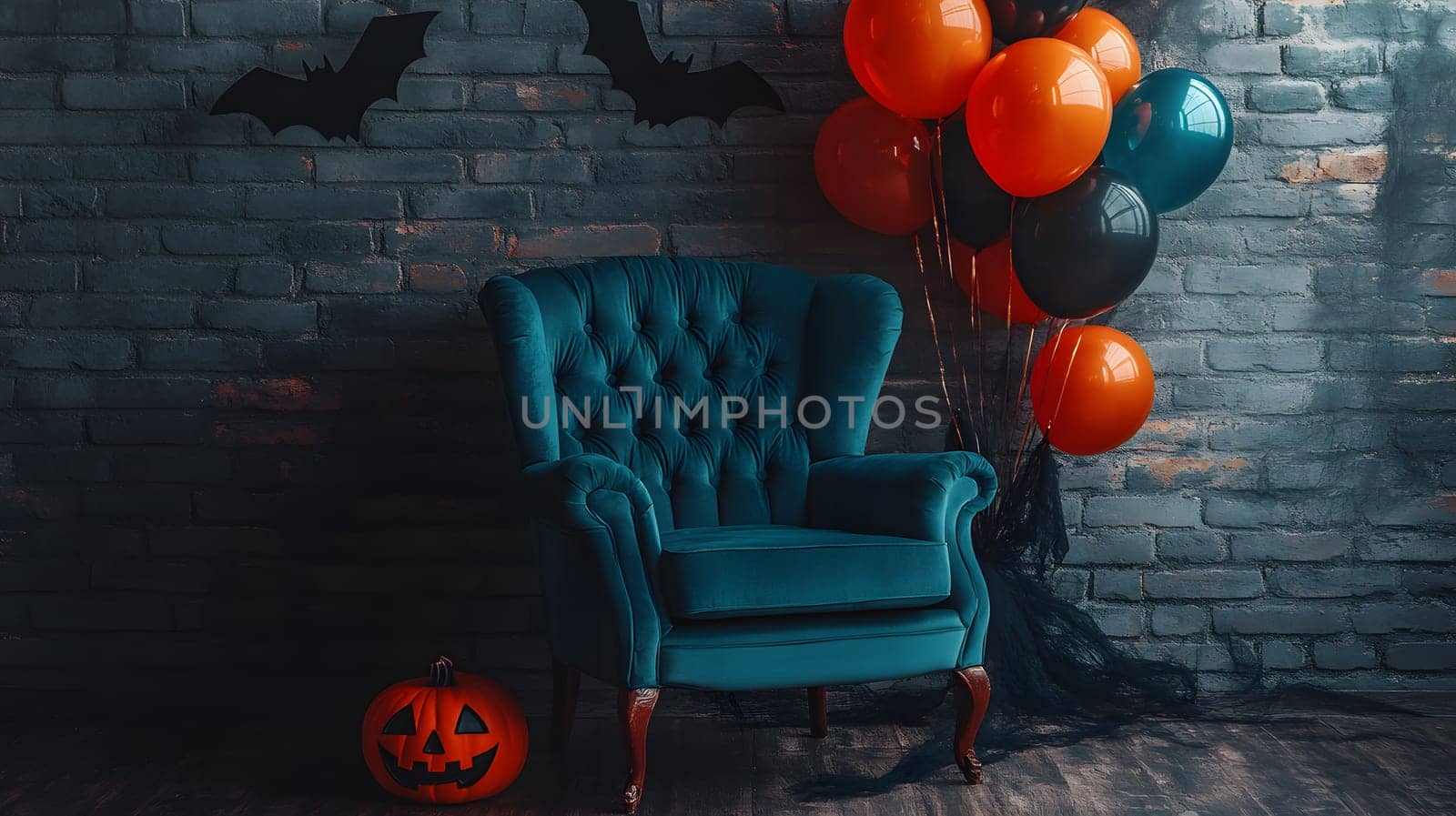 The Halloween scene with armchair, colorful balloons, decorations and old walls gives a sense of fun and mystery. The contrast between the colorful balloons and the old and charming charm of the wall.