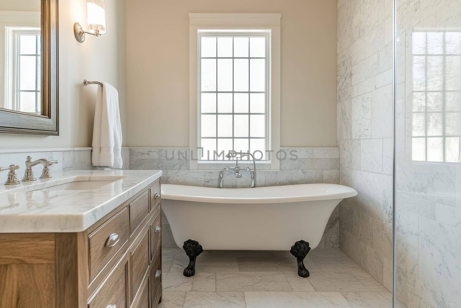 Elegant bathroom featuring clawfoot tub, marble wainscoting, and large window, blending traditional charm with modern luxury.