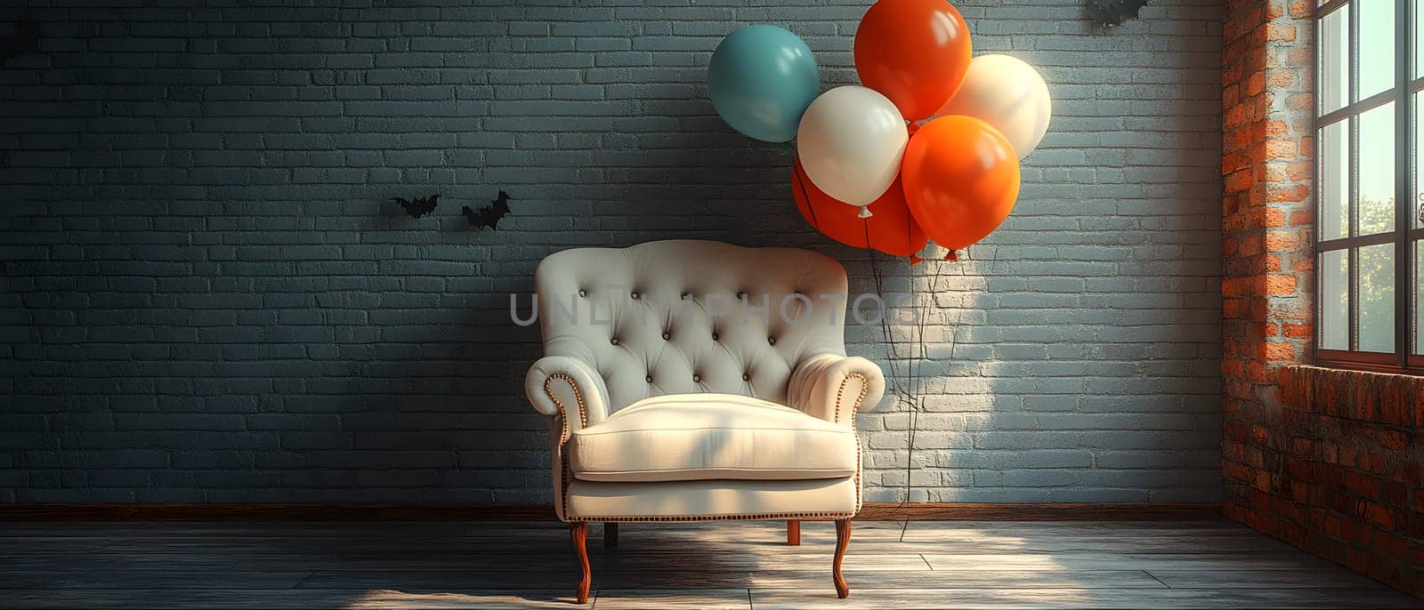The Halloween scene with armchair, colorful balloons, decorations and old walls gives a sense of fun and mystery. The contrast between the colorful balloons and the old and charming charm of the wall.
