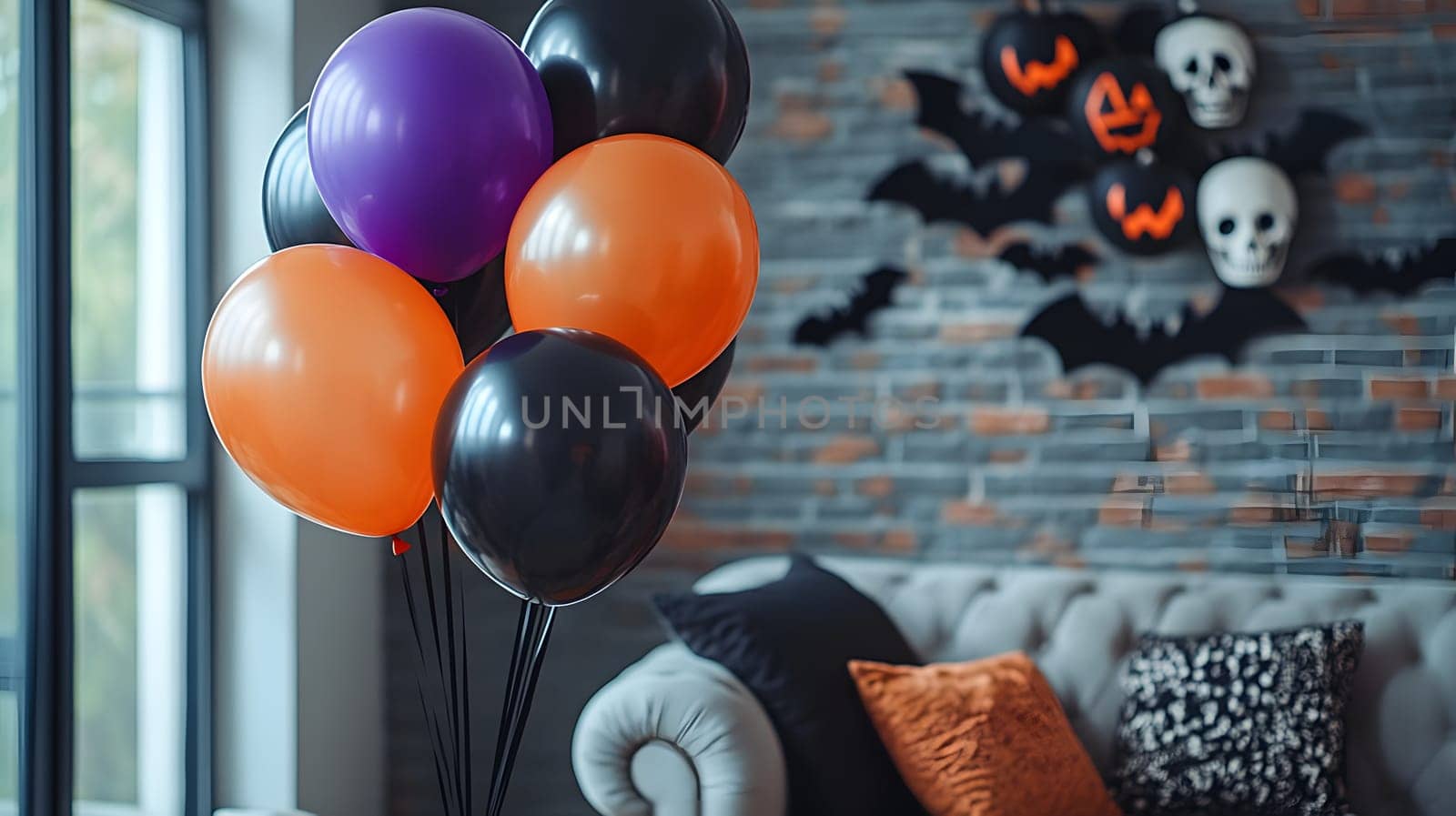 The Halloween scene with armchair, colorful balloons, decorations and old walls gives a sense of fun and mystery. The contrast between the colorful balloons and the old and charming charm of the wall.