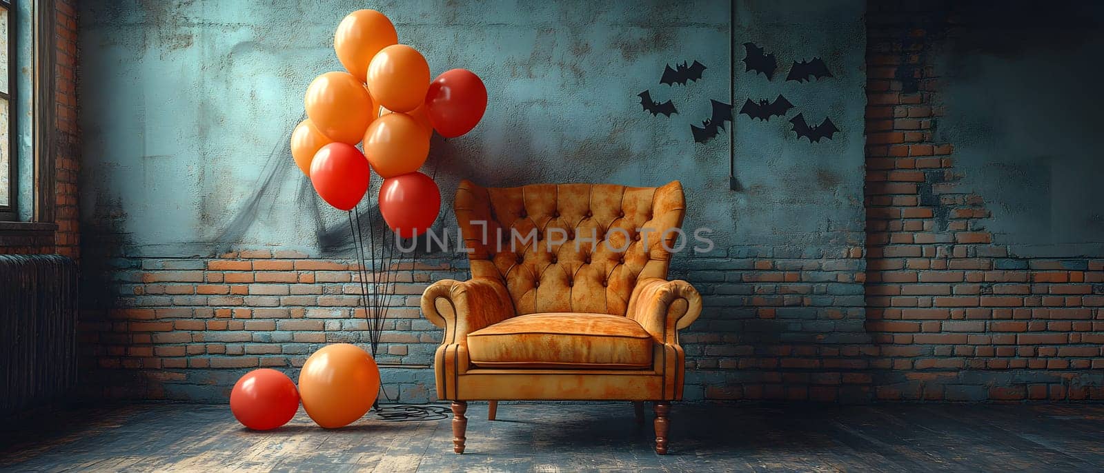 The Halloween scene with armchair, colorful balloons, decorations and old walls gives a sense of fun and mystery. The contrast between the colorful balloons and the old and charming charm of the wall.