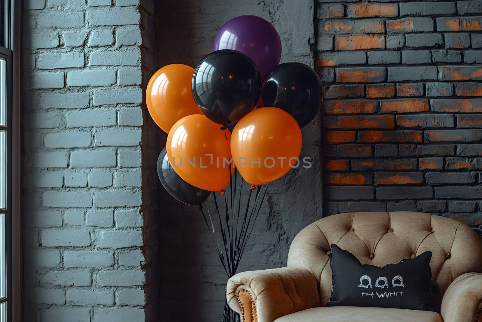 The Halloween scene with armchair, colorful balloons, decorations and old walls gives a sense of fun and mystery. The contrast between the colorful balloons and the old and charming charm of the wall.