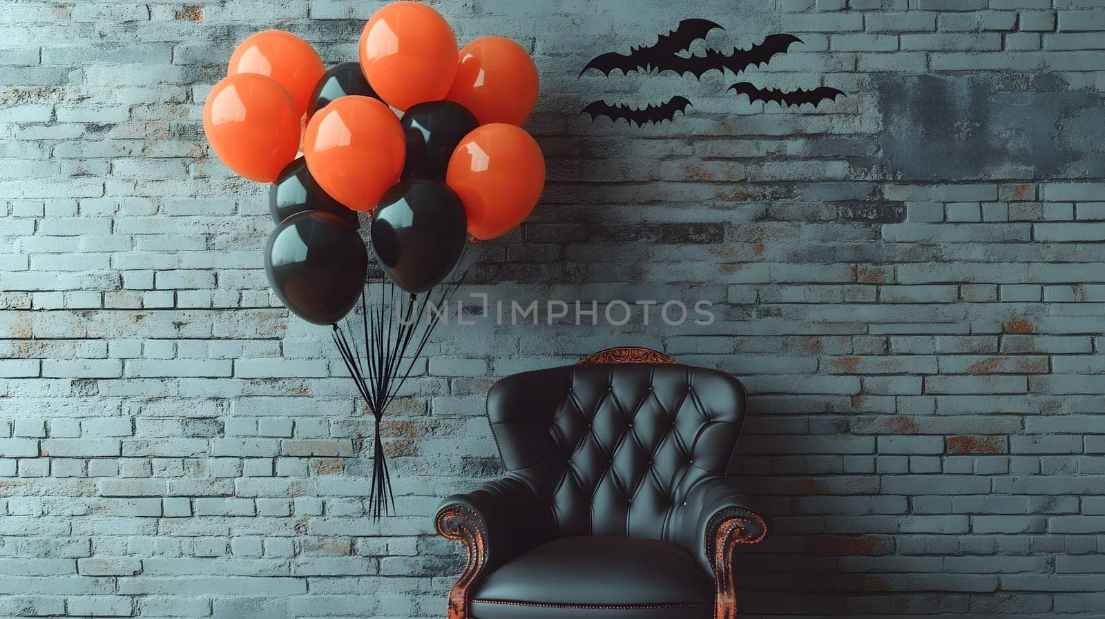 The Halloween scene with armchair, colorful balloons, decorations and old walls gives a sense of fun and mystery. The contrast between the colorful balloons and the old and charming charm of the wall.