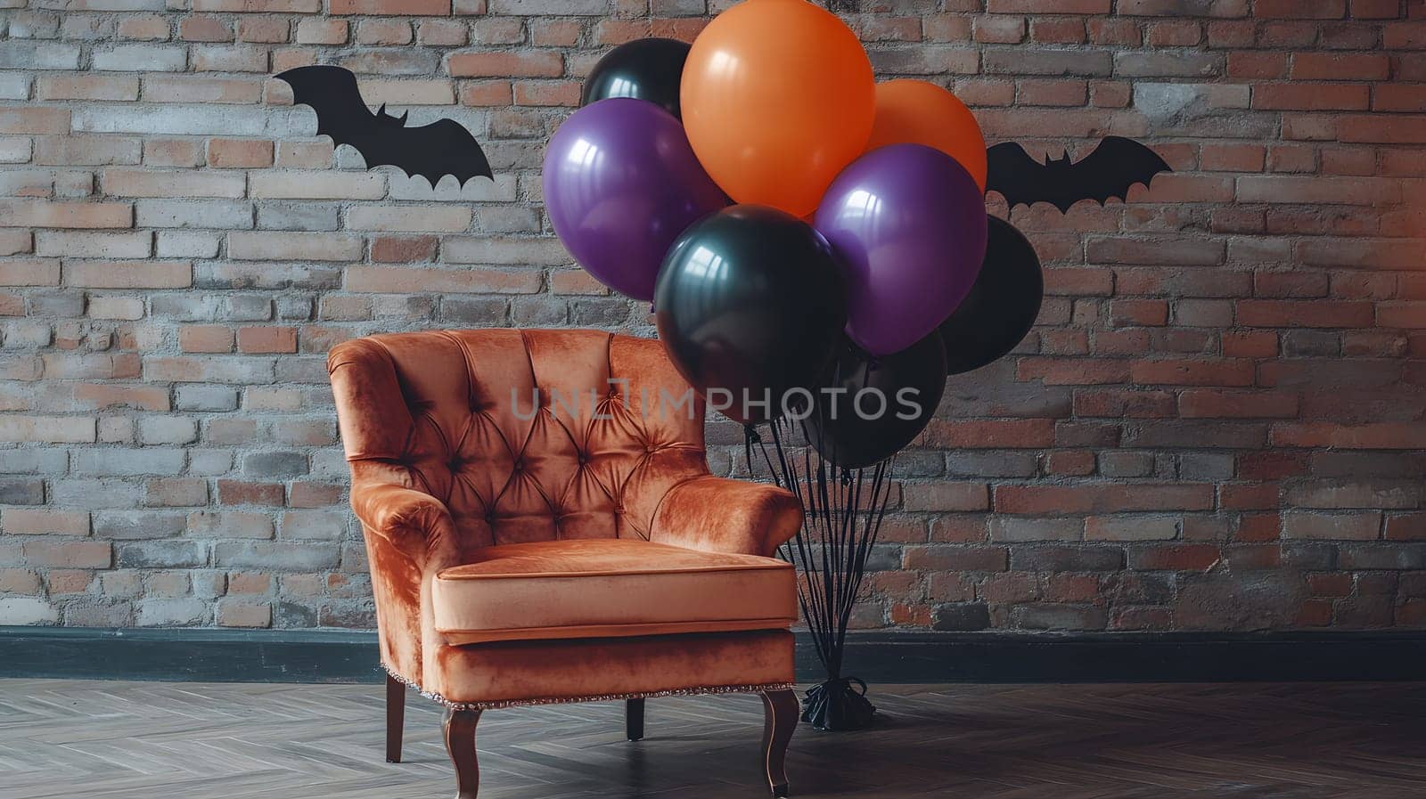 The Halloween scene with armchair, colorful balloons, decorations and old walls gives a sense of fun and mystery. The contrast between the colorful balloons and the old and charming charm of the wall.