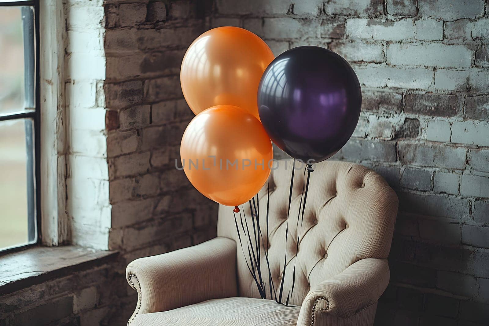 The Halloween scene with armchair, colorful balloons, decorations and old walls gives a sense of fun and mystery. The contrast between the colorful balloons and the old and charming charm of the wall.