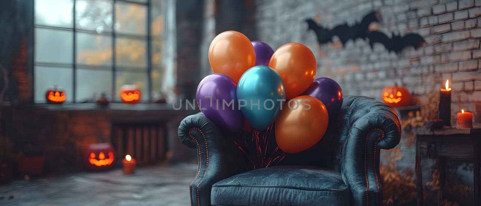 The Halloween scene with armchair, colorful balloons, decorations and old walls gives a sense of fun and mystery. The contrast between the colorful balloons and the old and charming charm of the wall.