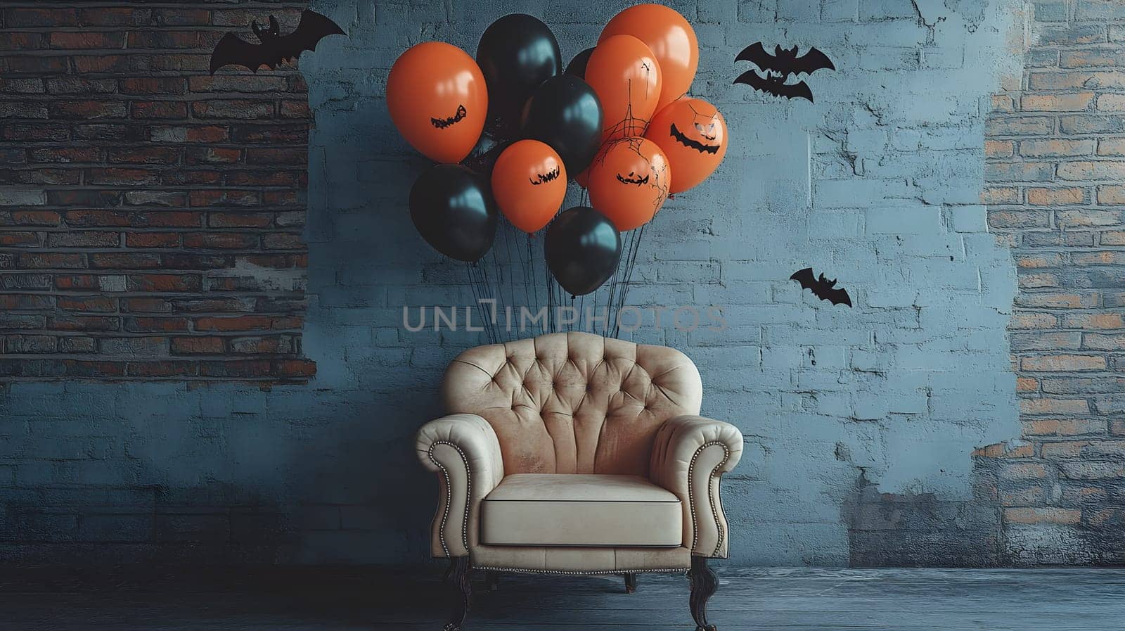 The Halloween scene with armchair, colorful balloons, decorations and old walls gives a sense of fun and mystery. The contrast between the colorful balloons and the old and charming charm of the wall.