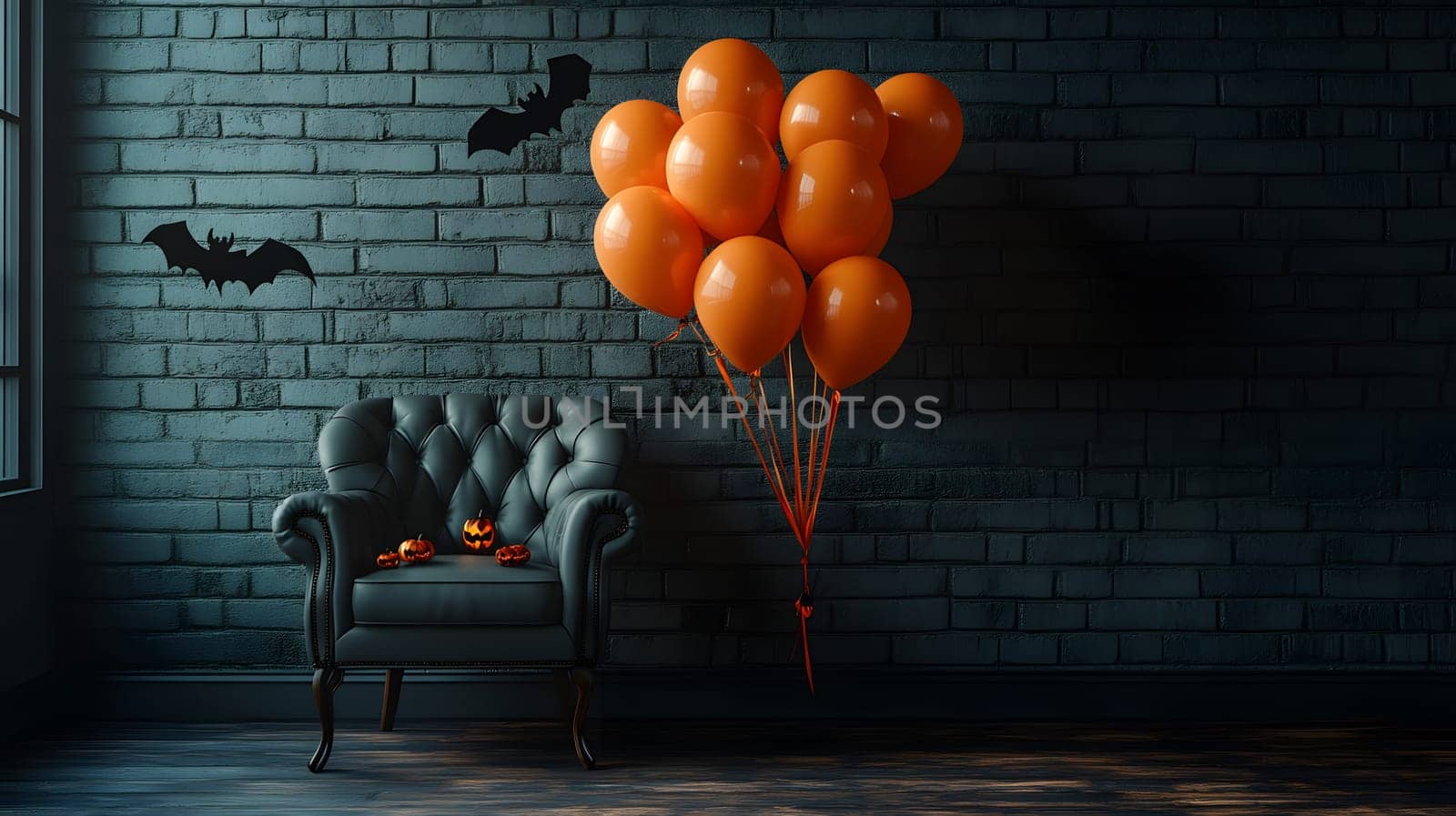 The Halloween scene with armchair, colorful balloons, decorations and old walls gives a sense of fun and mystery. The contrast between the colorful balloons and the old and charming charm of the wall.