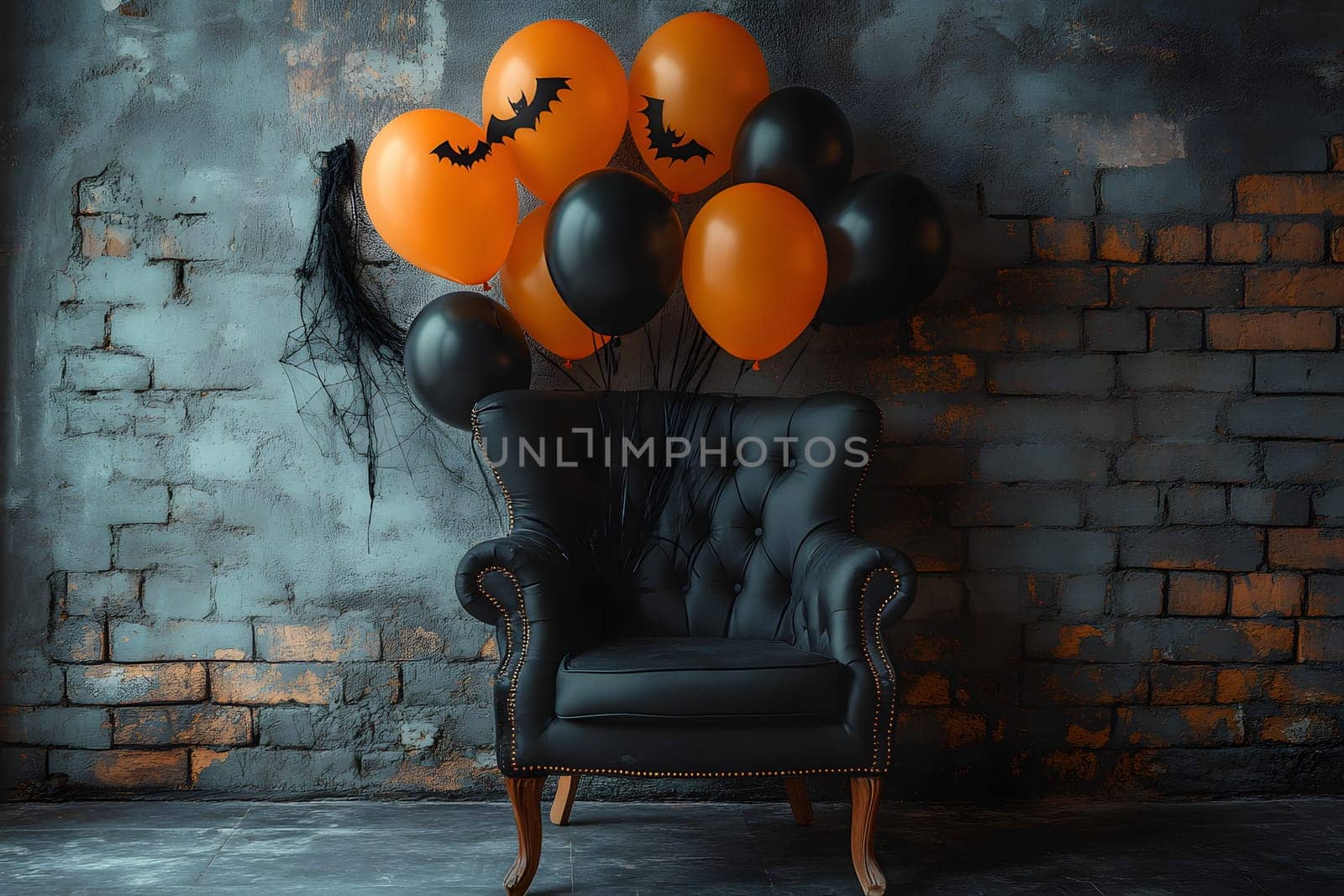 The Halloween scene with armchair, colorful balloons, decorations and old walls gives a sense of fun and mystery. The contrast between the colorful balloons and the old and charming charm of the wall.