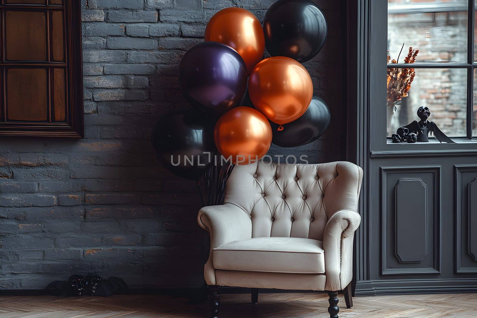 The Halloween scene with armchair, colorful balloons, decorations and old walls gives a sense of fun and mystery. The contrast between the colorful balloons and the old and charming charm of the wall.