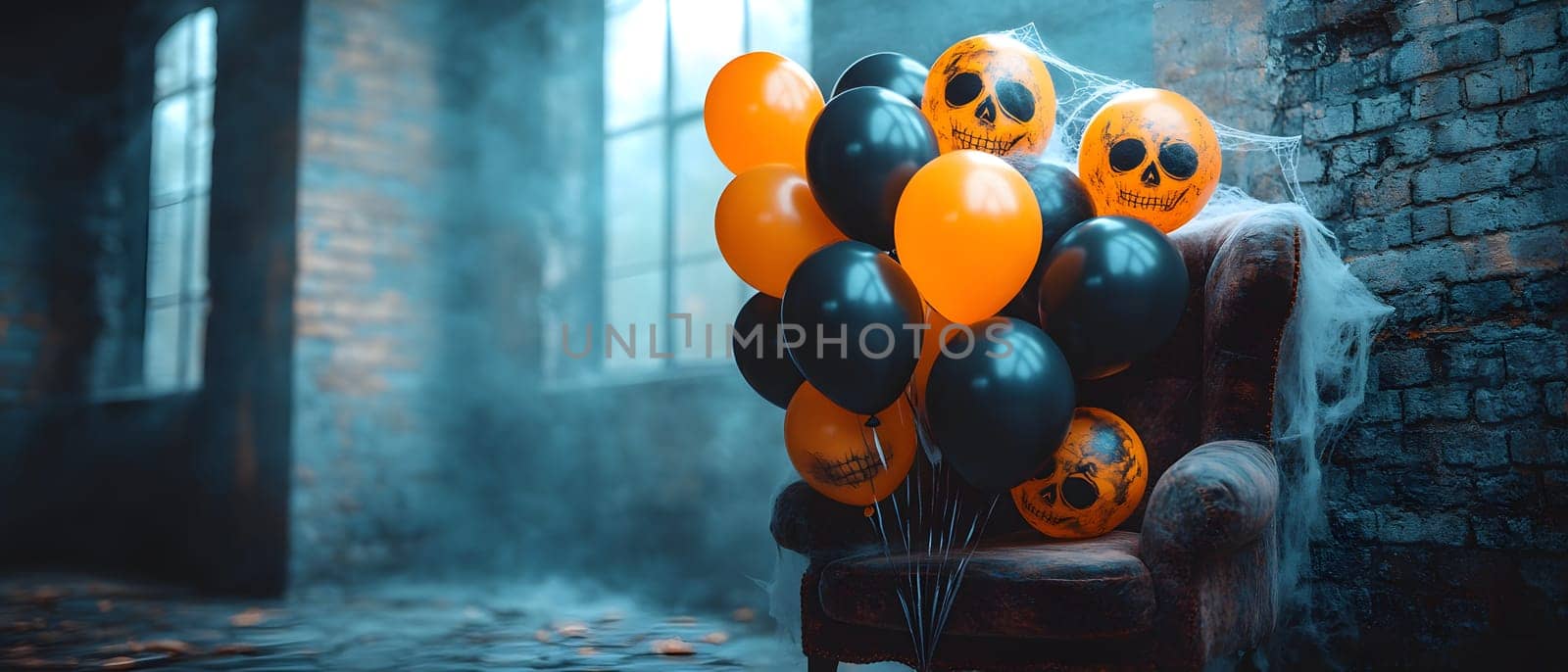 The Halloween scene with armchair, colorful balloons, decorations and old walls gives a sense of fun and mystery. The contrast between the colorful balloons and the old and charming charm of the wall.