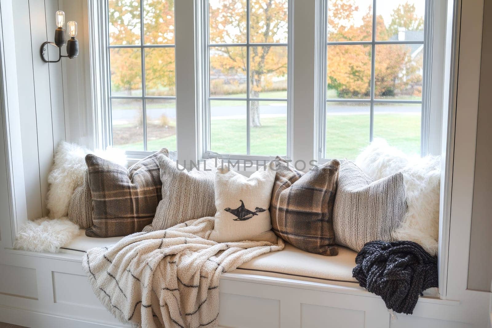 Plush window seat with varied throw pillows and blankets, overlooking a serene autumn scene through large windows.