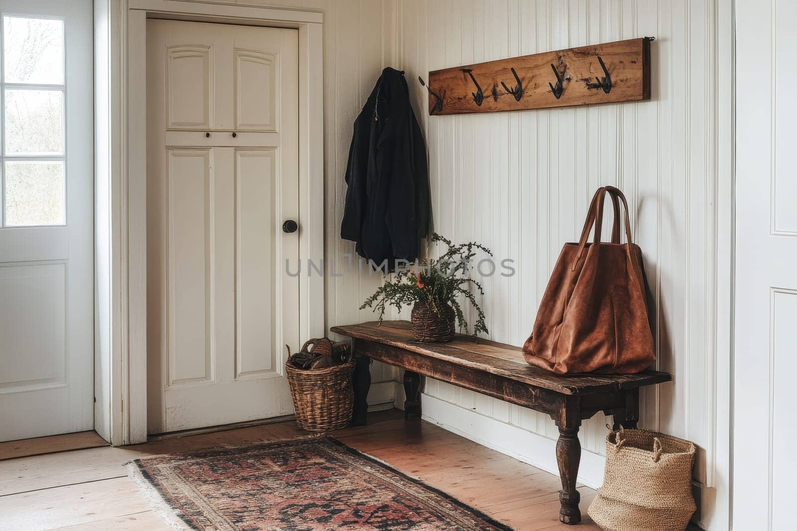 A cozy entryway featuring a wooden bench, coat hooks, and vintage decor elements, creating a warm and inviting atmosphere.