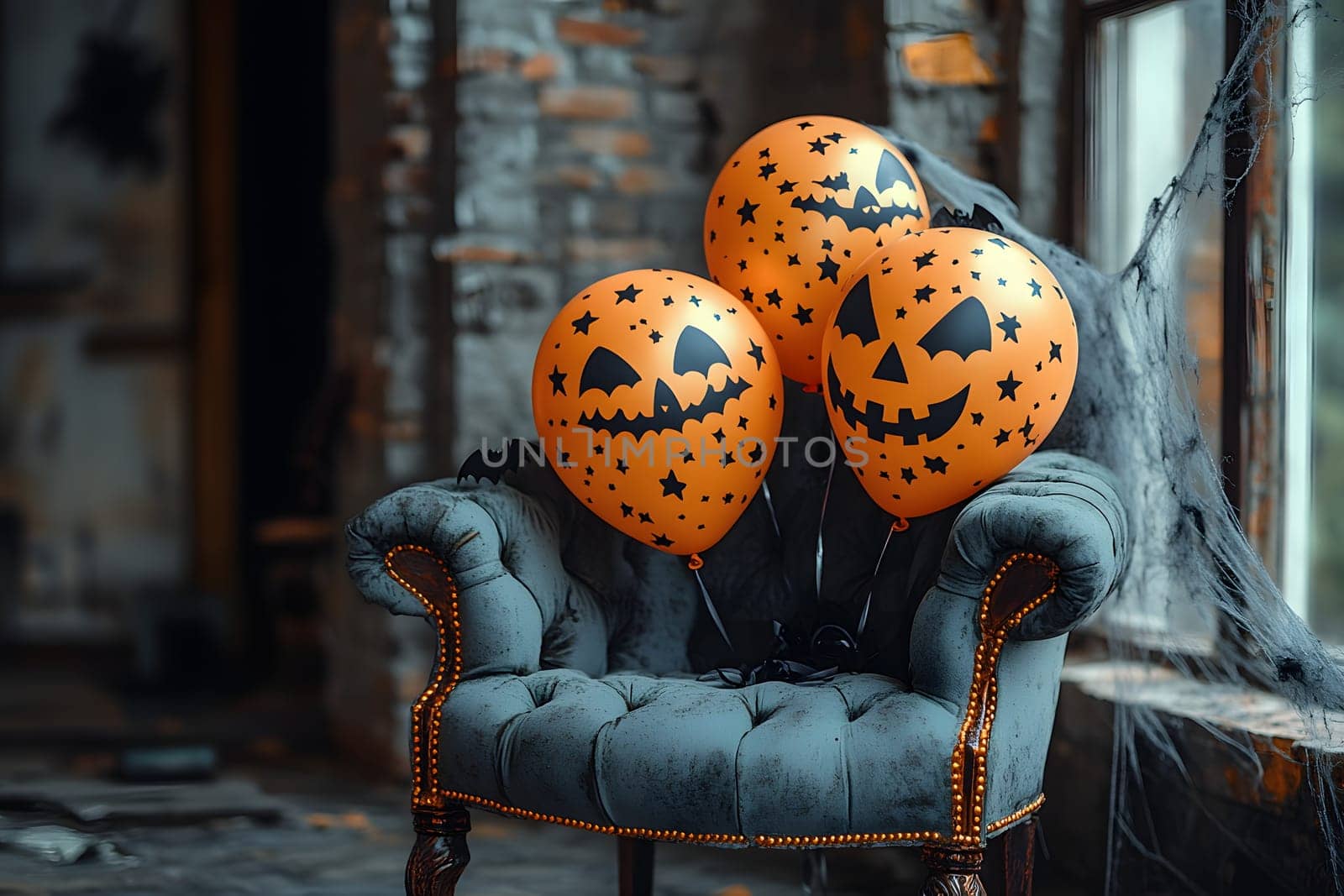 The Halloween scene with armchair, colorful balloons, decorations and old walls gives a sense of fun and mystery. The contrast between the colorful balloons and the old and charming charm of the wall.