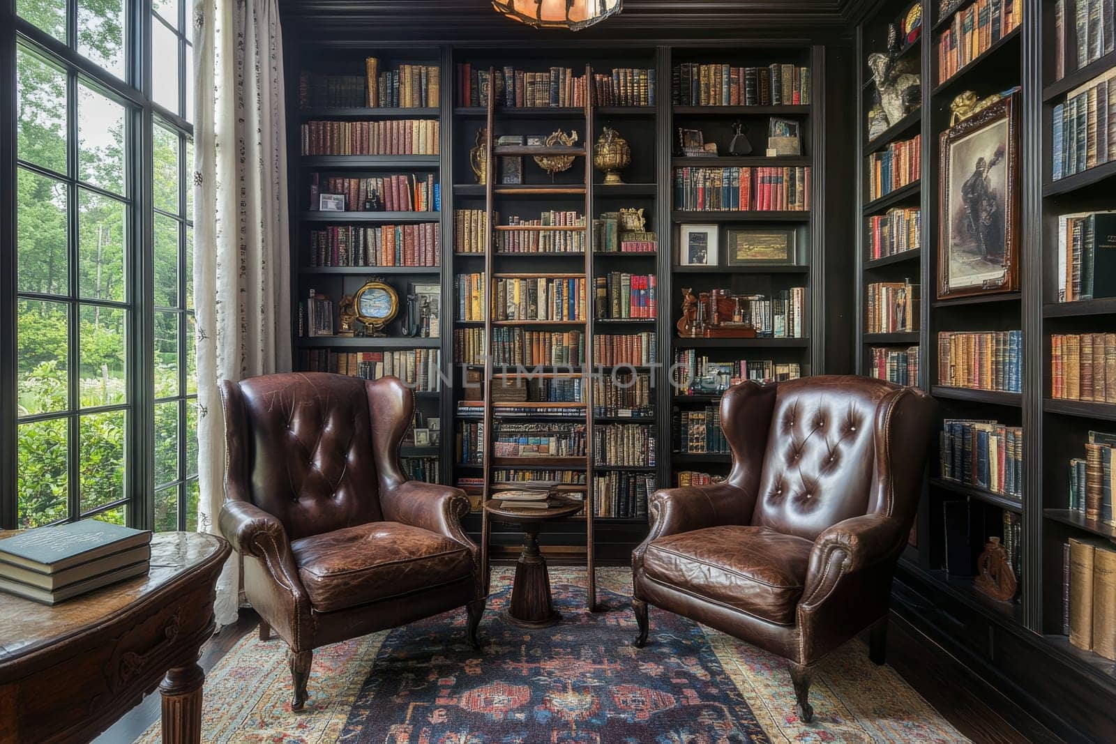 Opulent home library featuring leather armchairs, floor-to-ceiling bookshelves, antique decor, and large windows with garden views.