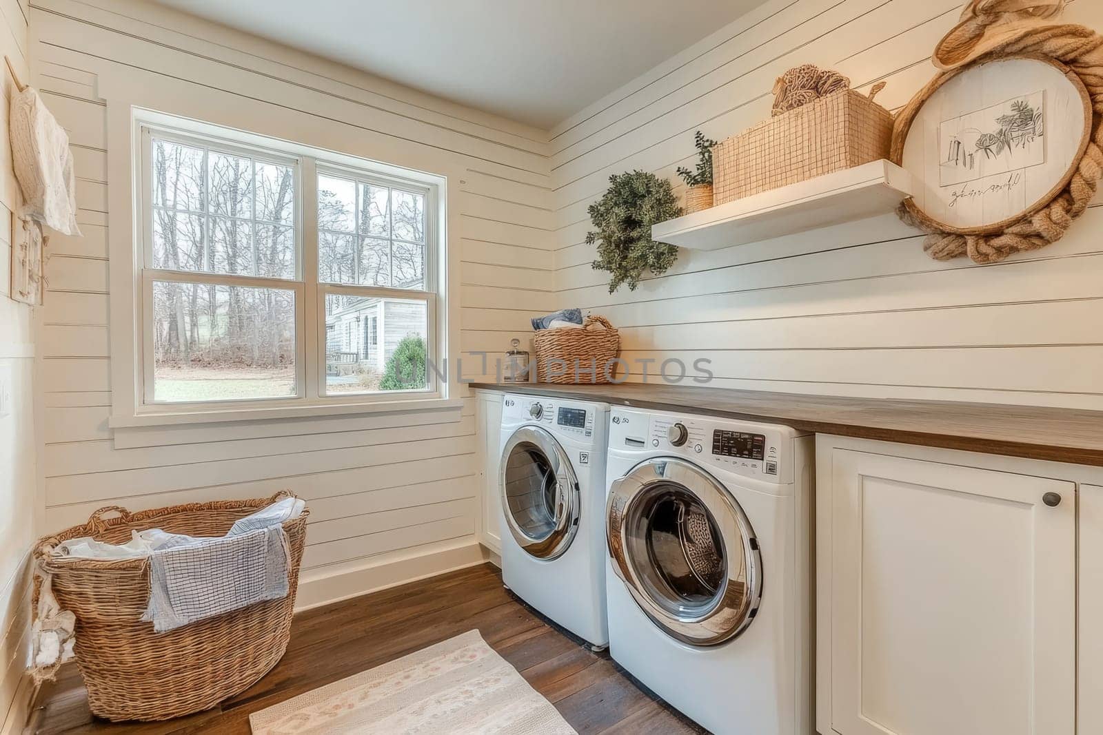 Cozy laundry room with shiplap walls, modern appliances, and rustic decor elements including wicker baskets and wooden shelves.