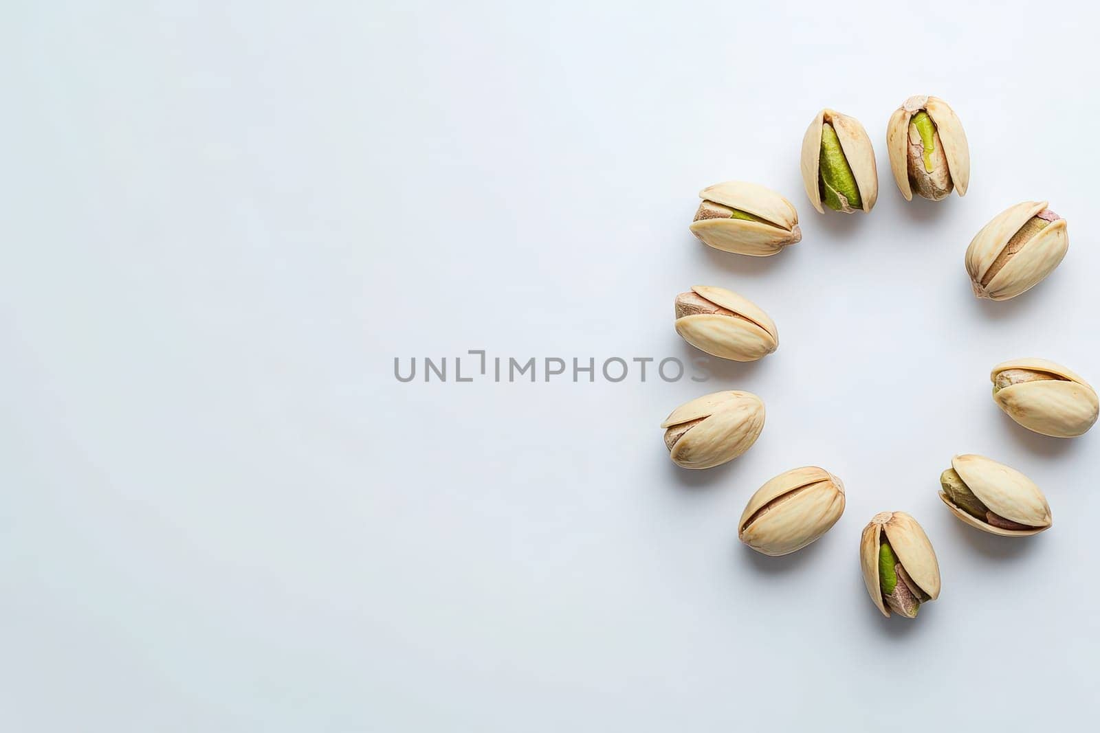 A variety of pistachios are placed in a circular formation, showcasing their unique, colorful shells. This arrangement emphasizes their vibrant green kernel and inviting snack appeal.