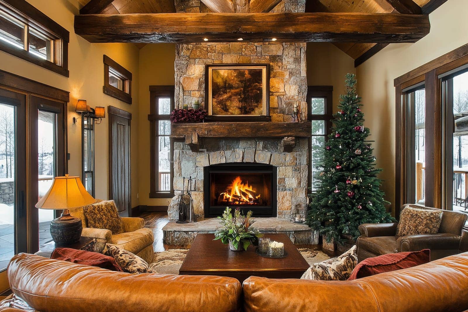 Warm and inviting cabin living room with stone fireplace, Christmas tree, and large windows overlooking snowy landscape.