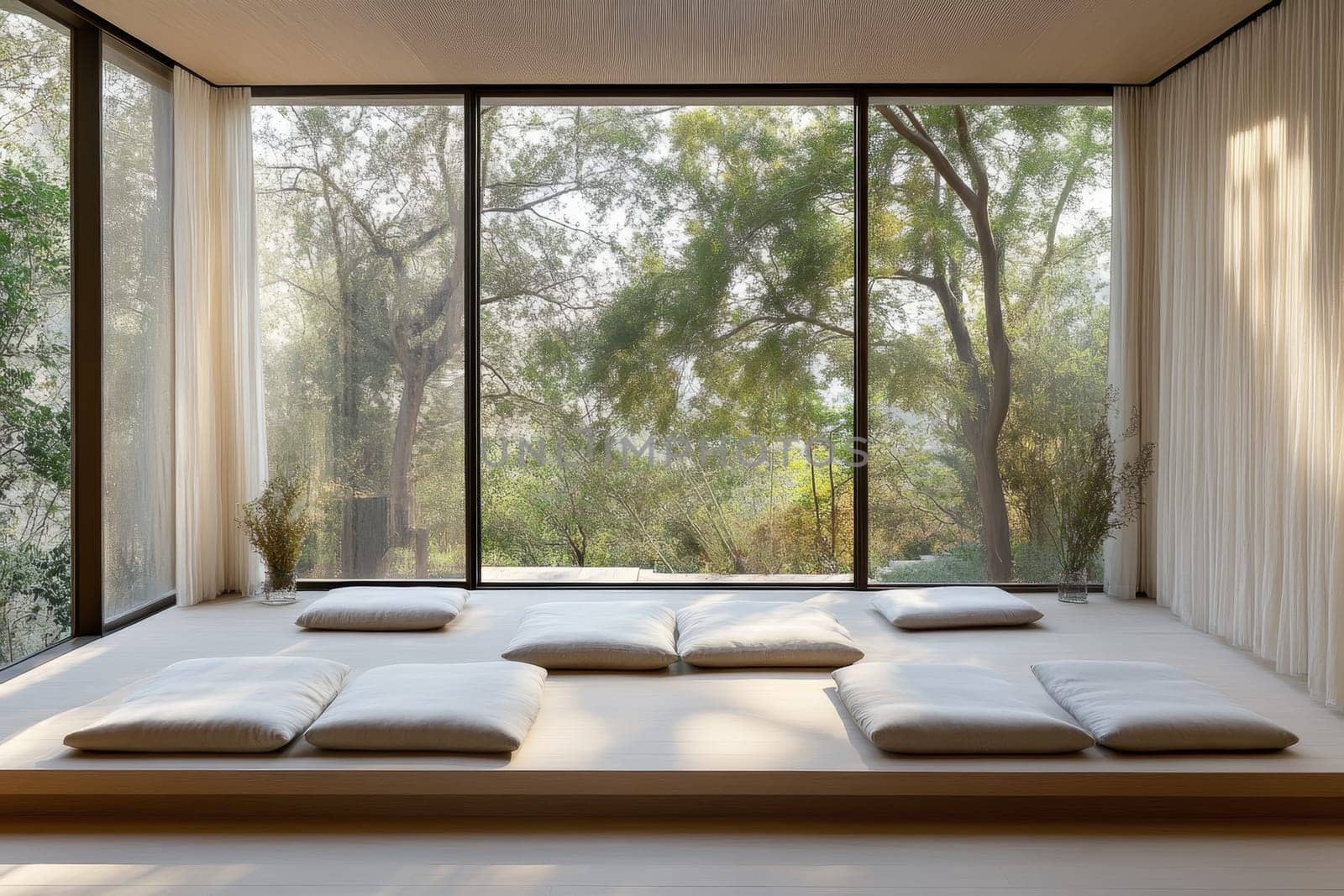Elevated wooden platform with cushions for meditation, featuring floor-to-ceiling windows overlooking a lush forest landscape.