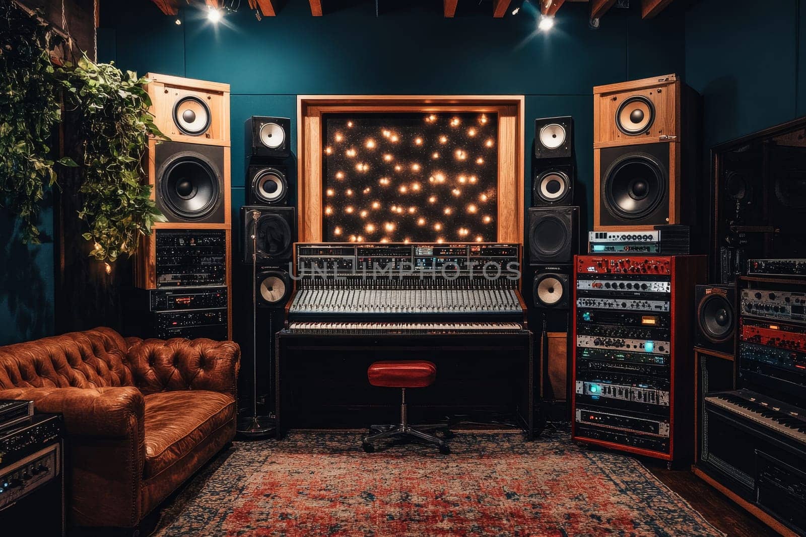 Luxurious recording studio with vintage leather sofa, mixing console, and warm lighting, creating an inviting atmosphere for music production.