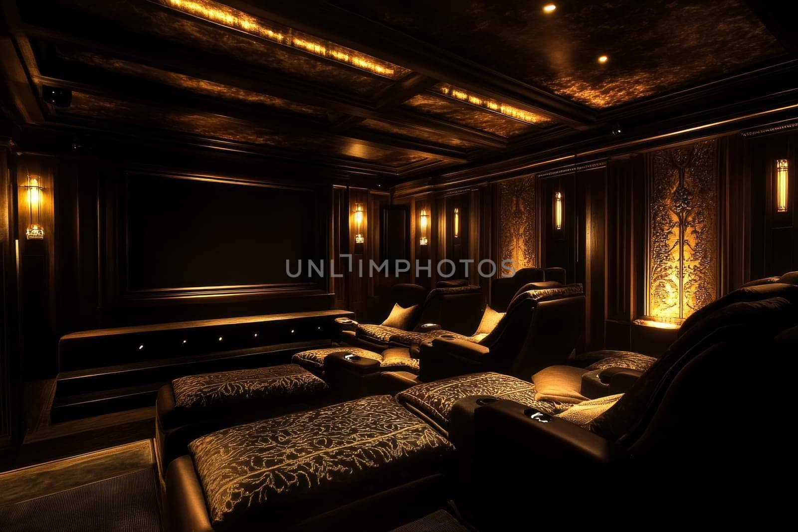 Lavish home cinema featuring ornate wall panels, golden lighting, and plush reclining seats for a royal viewing experience.