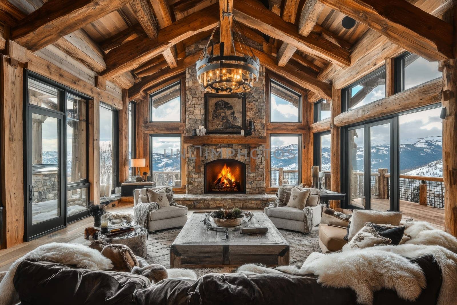 Inviting living area in an alpine chalet featuring timber frame construction, stone fireplace, and panoramic mountain views through large windows.