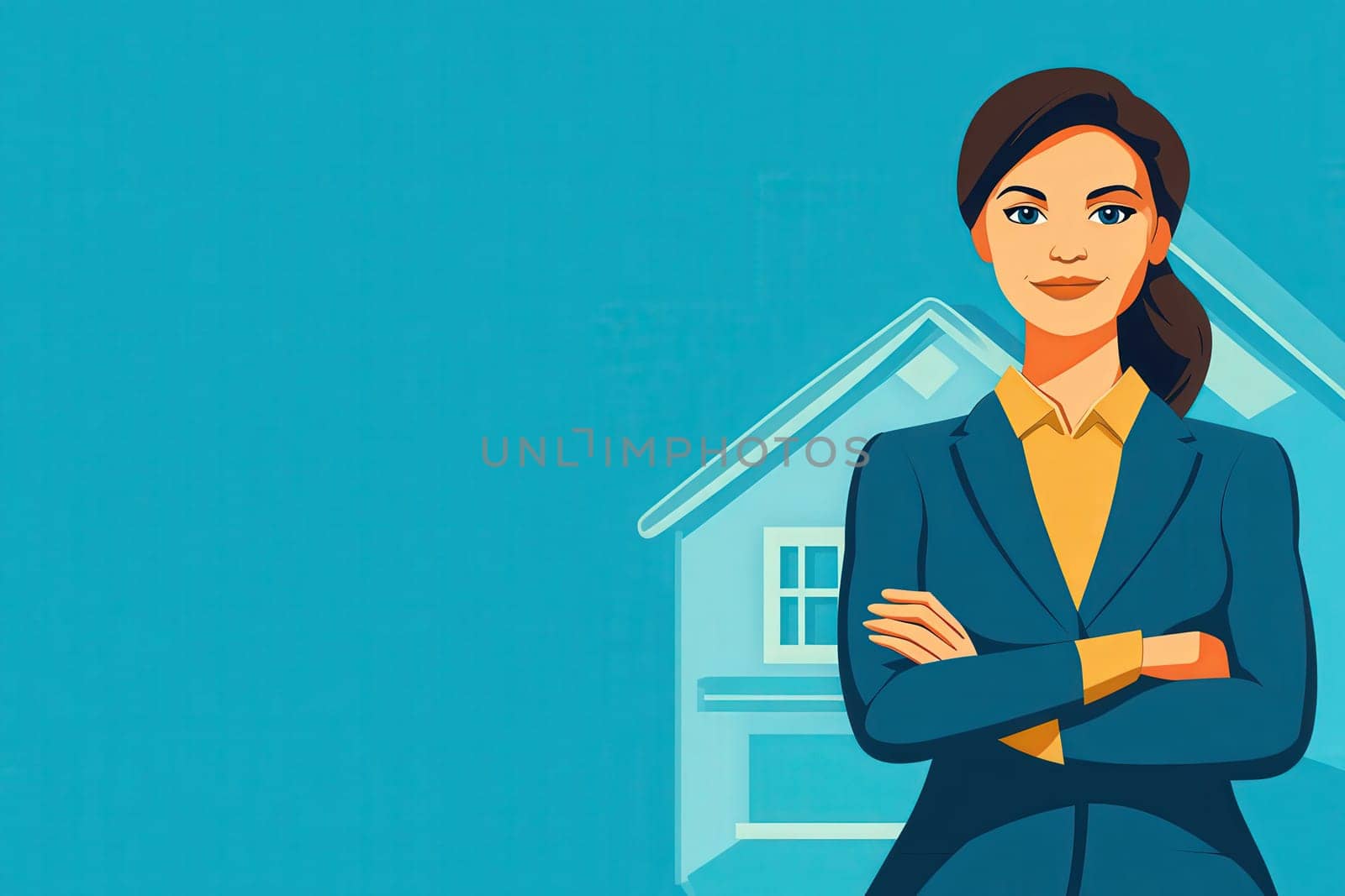 A professional real estate saleswoman stands with arms crossed, showcasing her confidence against a minimalist blue background featuring a house silhouette. Her attire reflects a polished look.