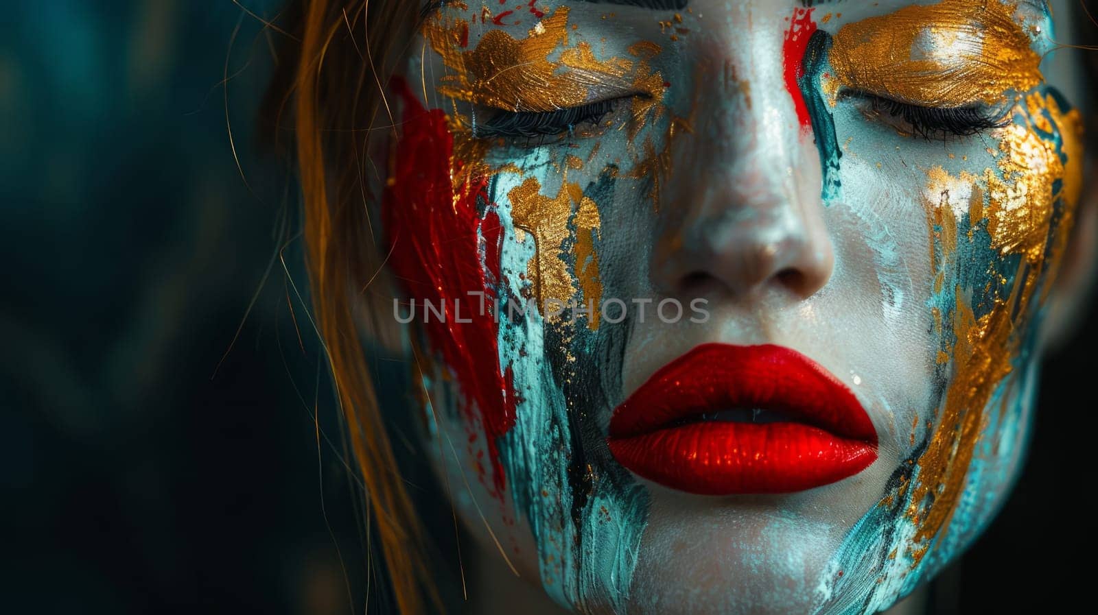 A woman with painted face and red lips wearing gold makeup
