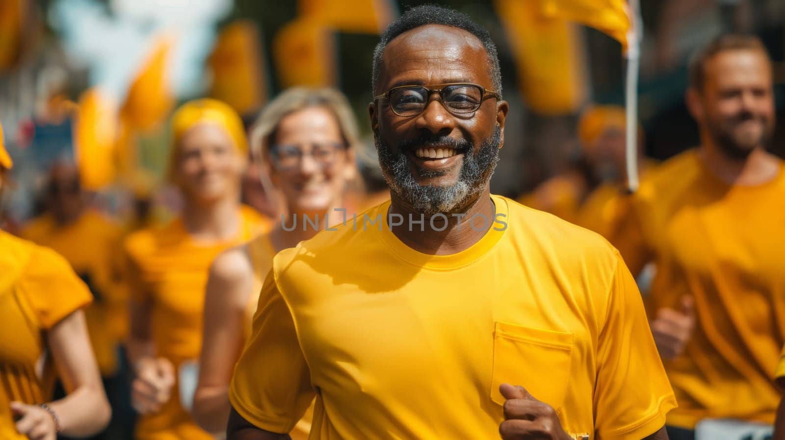 A charity run or walk with participants in gold clothes and banners raising funds for childhood cancer research.