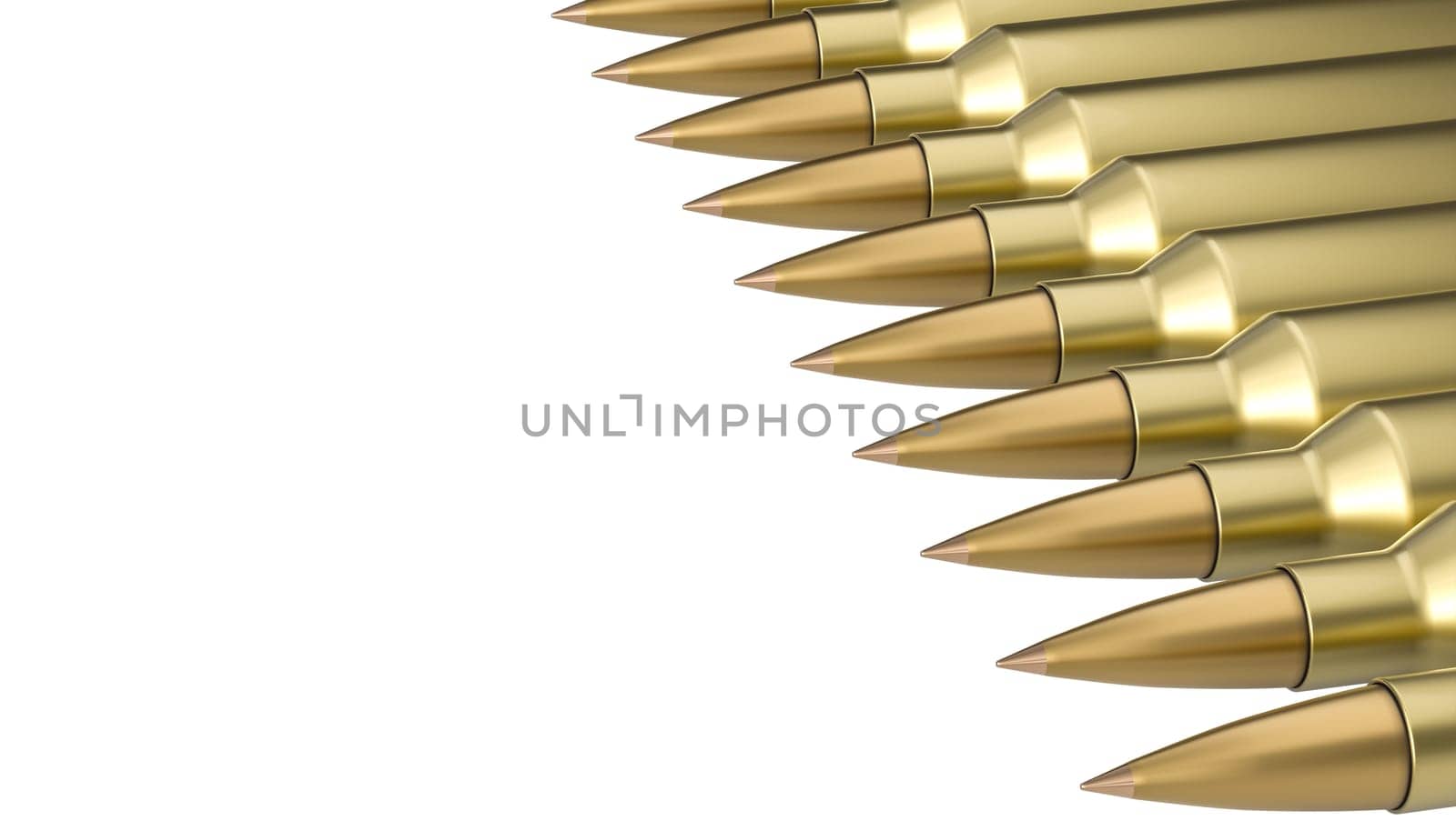 Rifle bullets forming diagonal line on transparent background 3d
