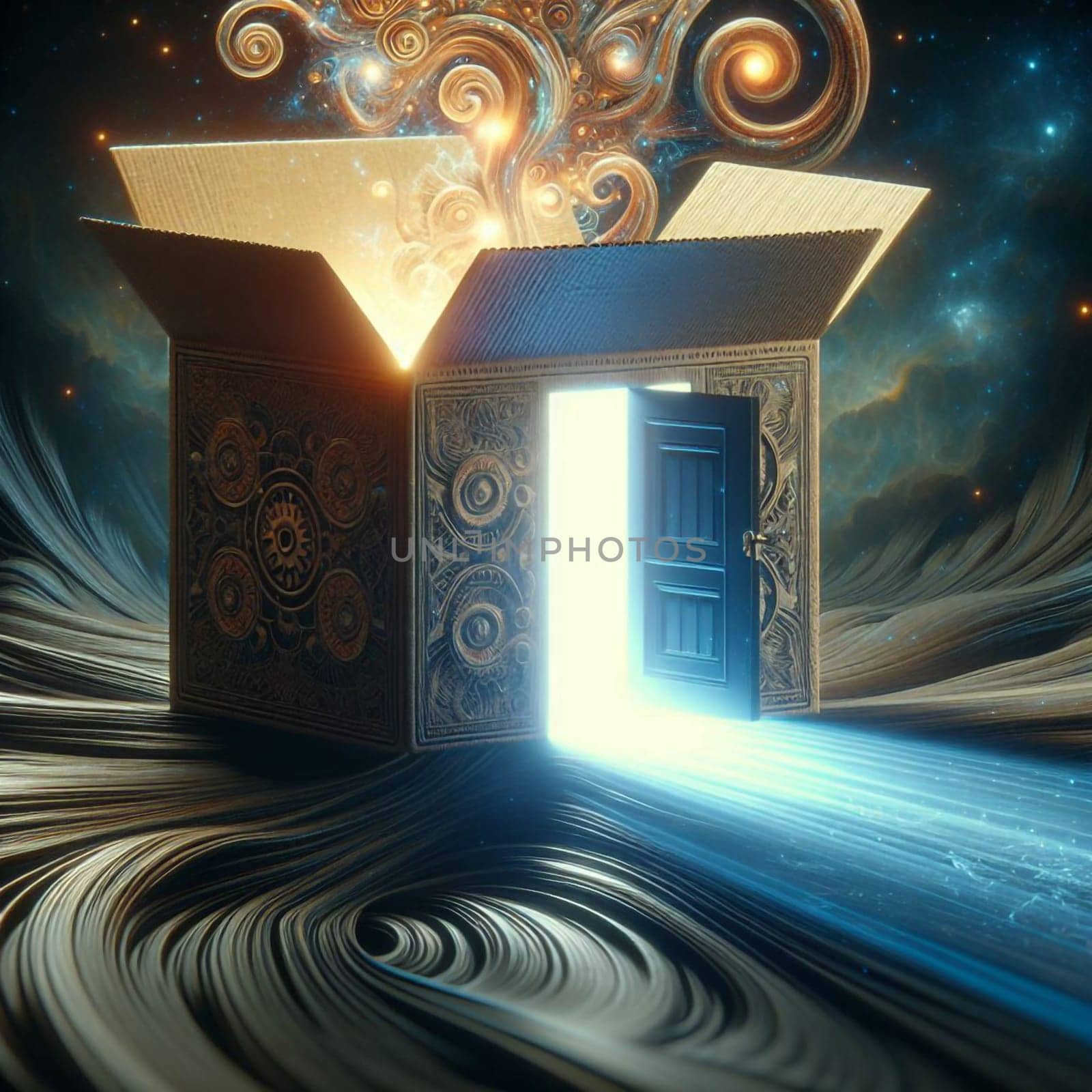 A magical scene of a box with a glowing door leading to a mystical world. The box is surrounded by swirling clouds and stars, and a bright light shines from the doorway. A high-quality photo.