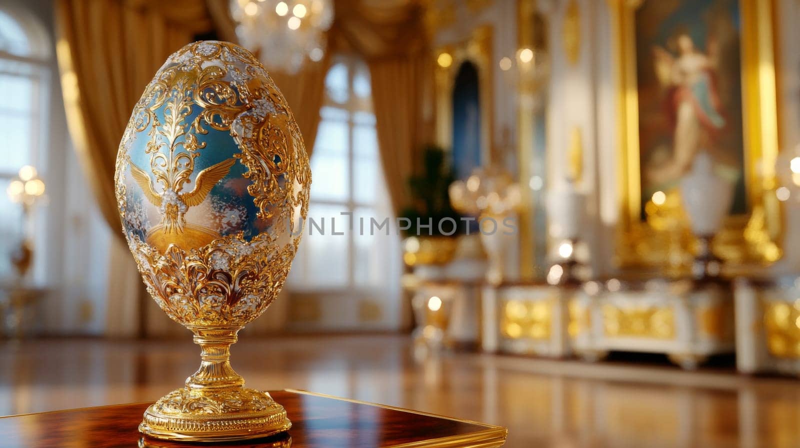An Easter egg with gold and silver patterns, a background decorated with stucco and paintings with angels, luxurious curtains and huge crystal chandeliers, a celebration with elegant glitter.