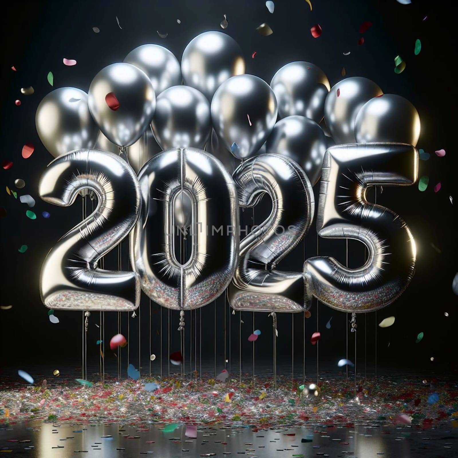 A group of silver balloons spelling out 2025, with confetti falling around them. A high-quality photo.