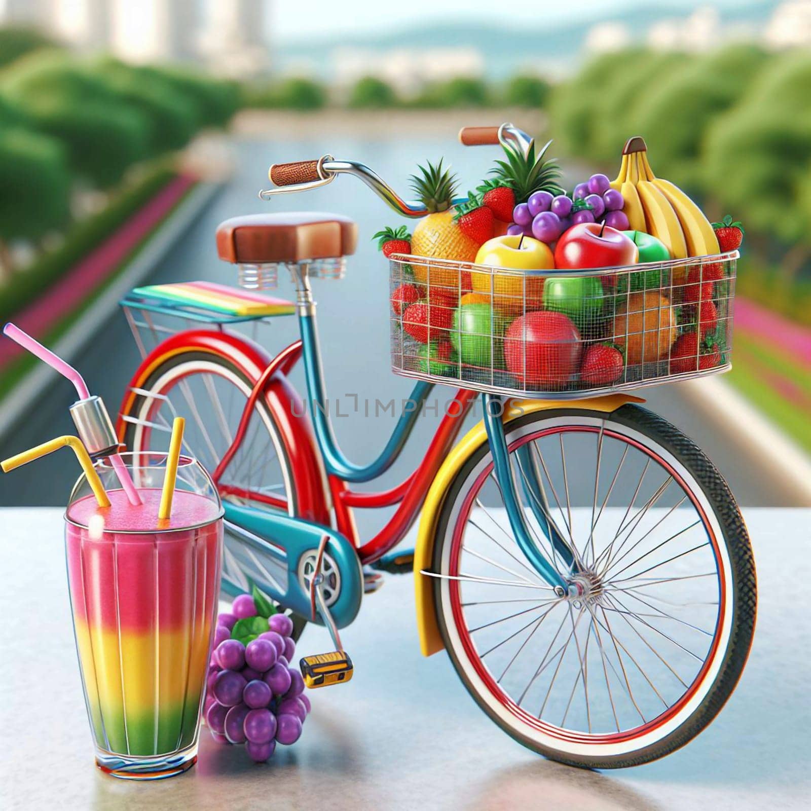 A colorful bicycle with a basket full of fruit and a smoothie glass on the side, surrounded by more fruit. A high-quality photo.