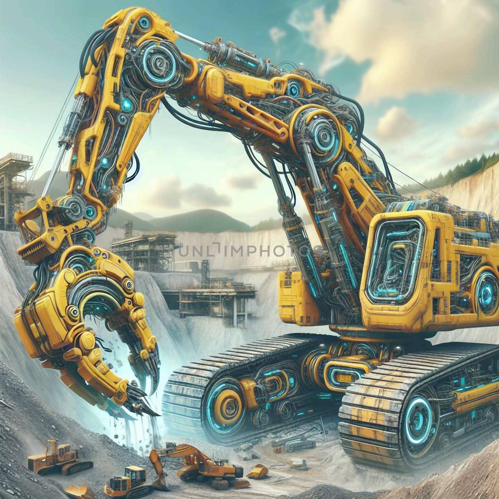 A futuristic excavator with glowing blue lights and a powerful claw, digging in a pile of dirt. A high-quality photo.