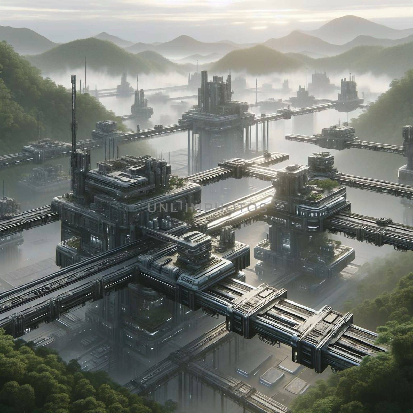 A futuristic cityscape with buildings connected by bridges and walkways, surrounded by fog and green hills. A high-quality photo.