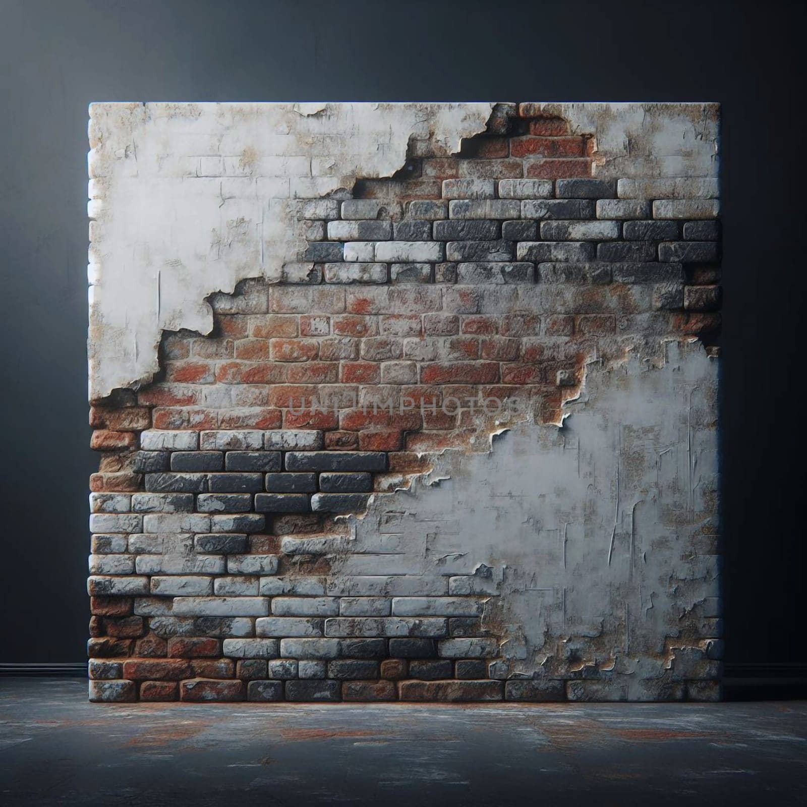 A close-up of a brick wall with peeling white plaster, revealing a mix of red and gray bricks underneath. The background is a dark gray a visible floor in the foreground. A high-quality photo.