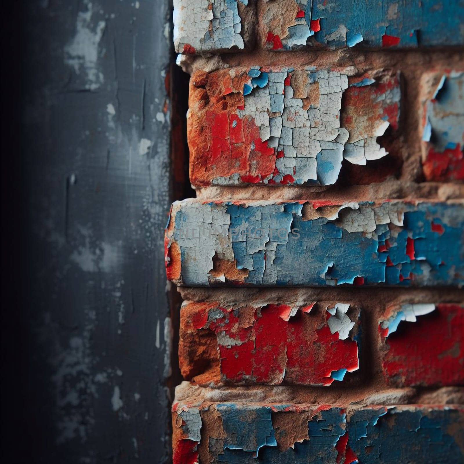 A close-up shot of a brick wall with peeling paint in shades of red, blue, and white. The paint is cracked and chipped, revealing the brick underneath. A high-quality photo.