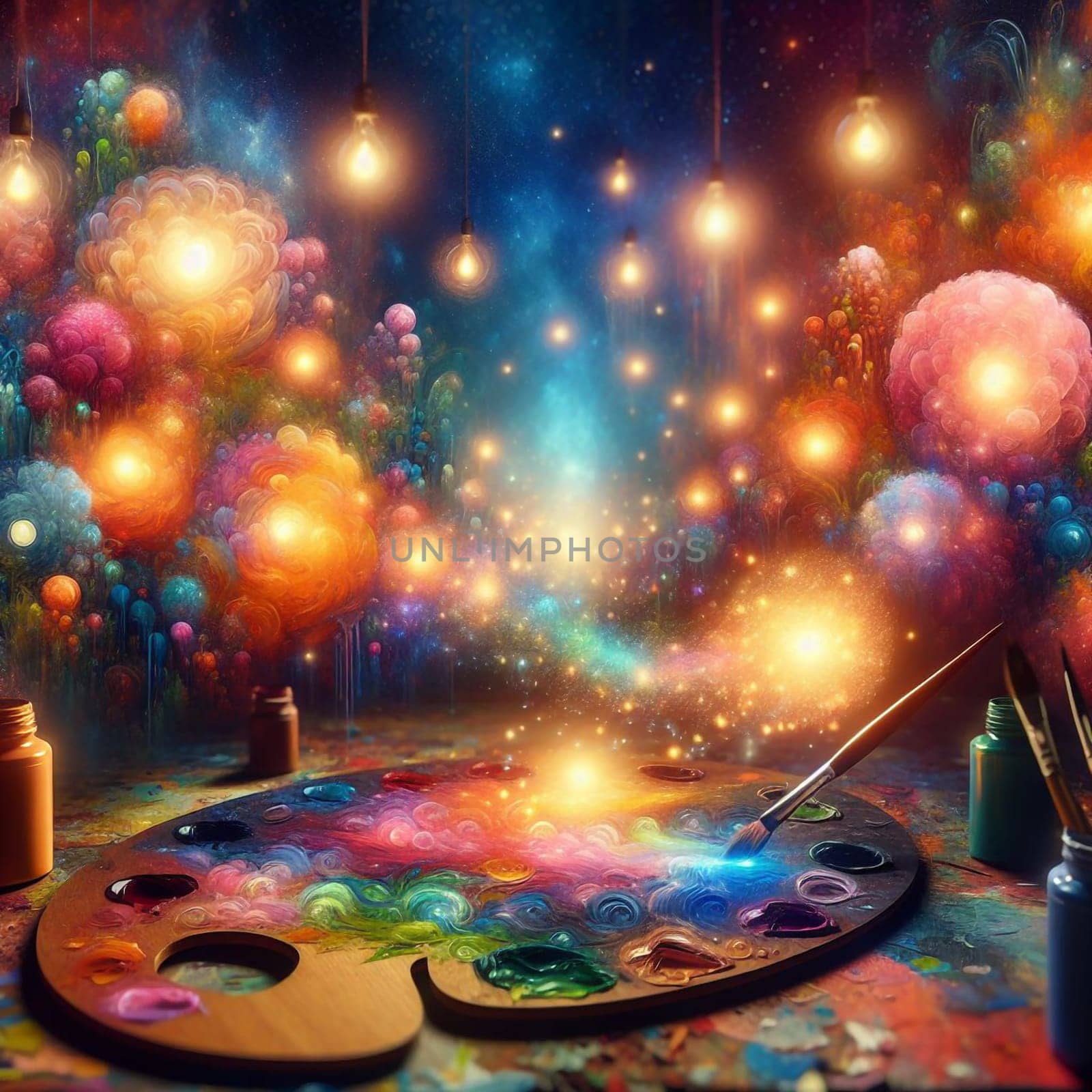 A magical scene of a paint palette with a brush painting a stream of light and sparkles. The scene is surrounded by colorful, abstract flowers. A high-quality photo.