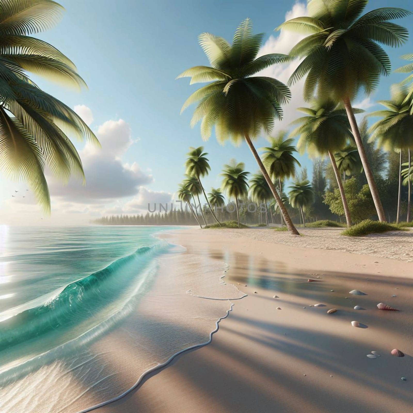 A beautiful tropical beach with palm trees, white sand, and blue water. The scene is tranquil and peaceful. A high-quality photo.