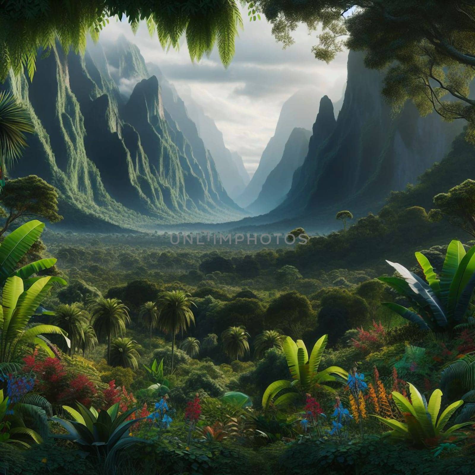 A view through a lush jungle, with a deep valley and towering mountains in the distance. A high-quality photo.
